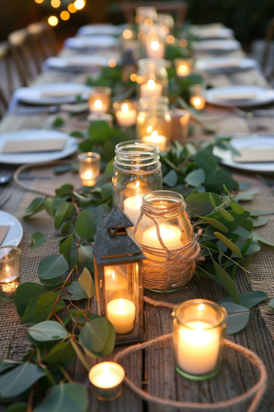 Backyard dinner party table decor. Rustic-themed centerpieces made up of eucalyptus leaves, off-white candles, tangled twine and tiny lanterns, on an unfinished wooden table.