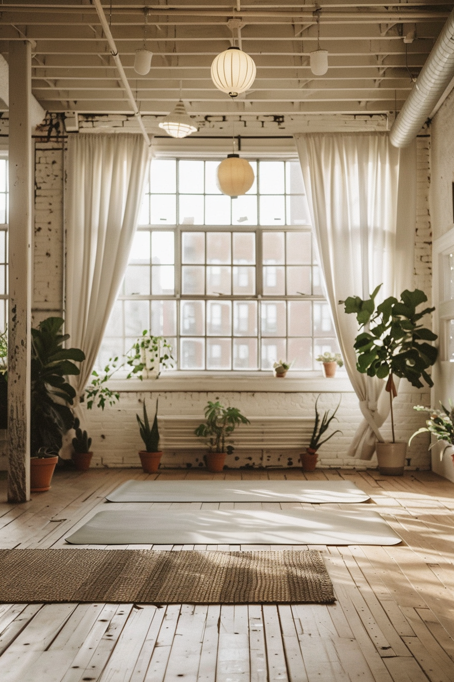 Modern BoHo yoga studio. High ceiling window with white curtains, green indoor plants, reclaimed wooden frames, and neutral color yoga mats.