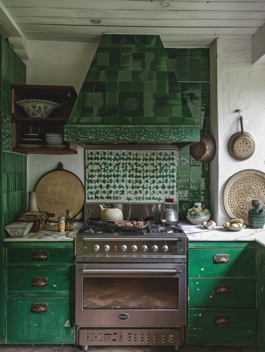 Boho Kitchen. Rich emerald Moroccan tiles with intricate white floral patterns.