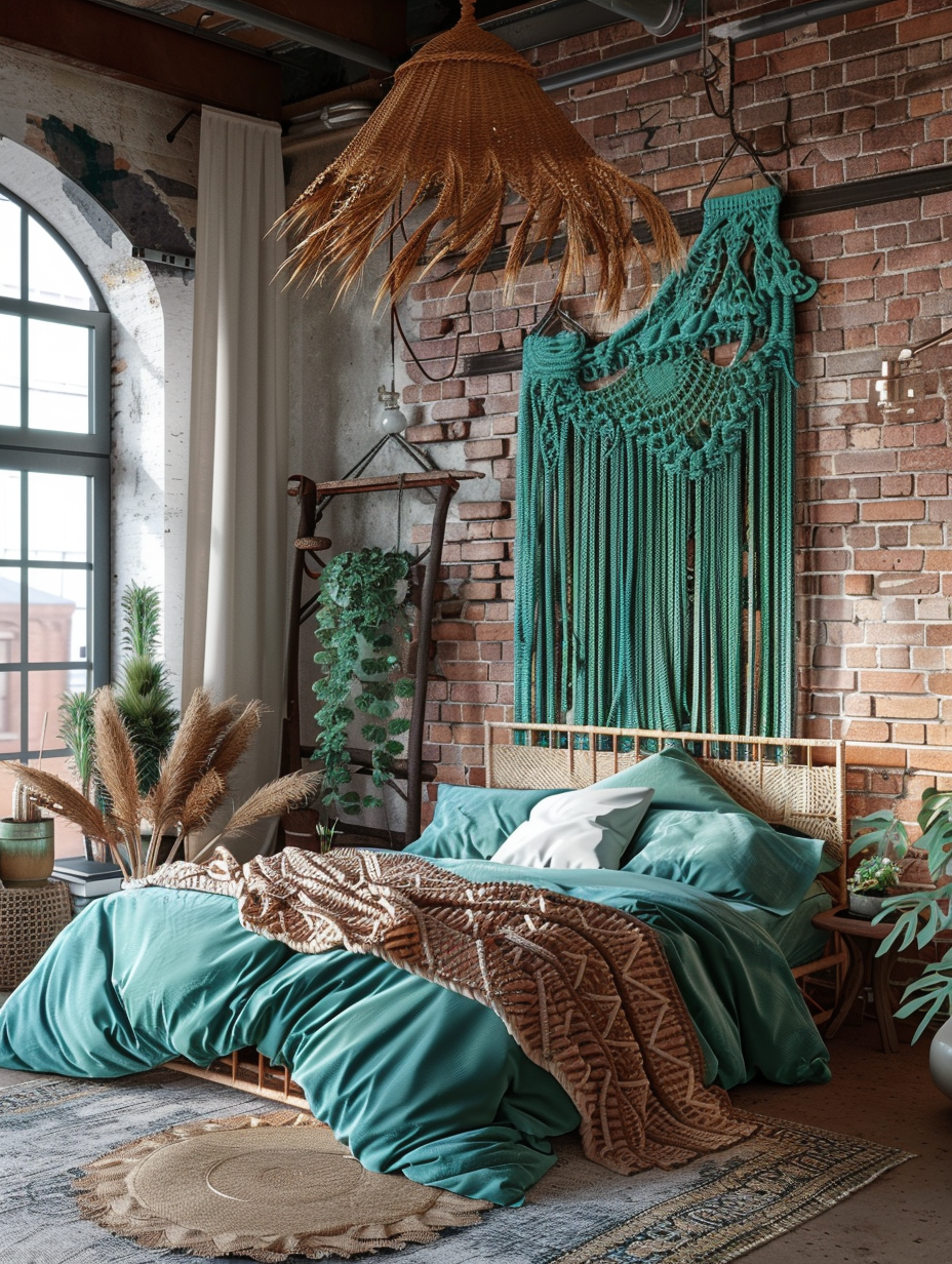 Wide view of a loft bedroom interior. King size rattan bed with turquoise macrame canopy against exposed brick wall.