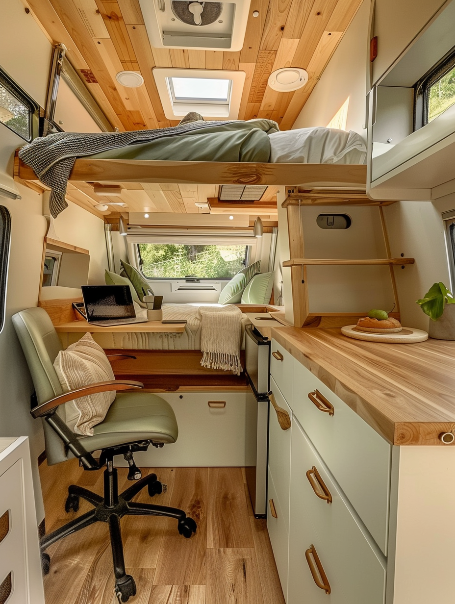 Interior of an RV dedicated for remote working and living. Simple wooden workstation with a swivel chair, small open kitchen with integrated appliances, loft bed arrangement with storage stairs, skylight window, beige and white color scheme, recessed LED lighting, a compact bathroom at the rear, and a wall mounted foldable dining table next to a slotted paned window.