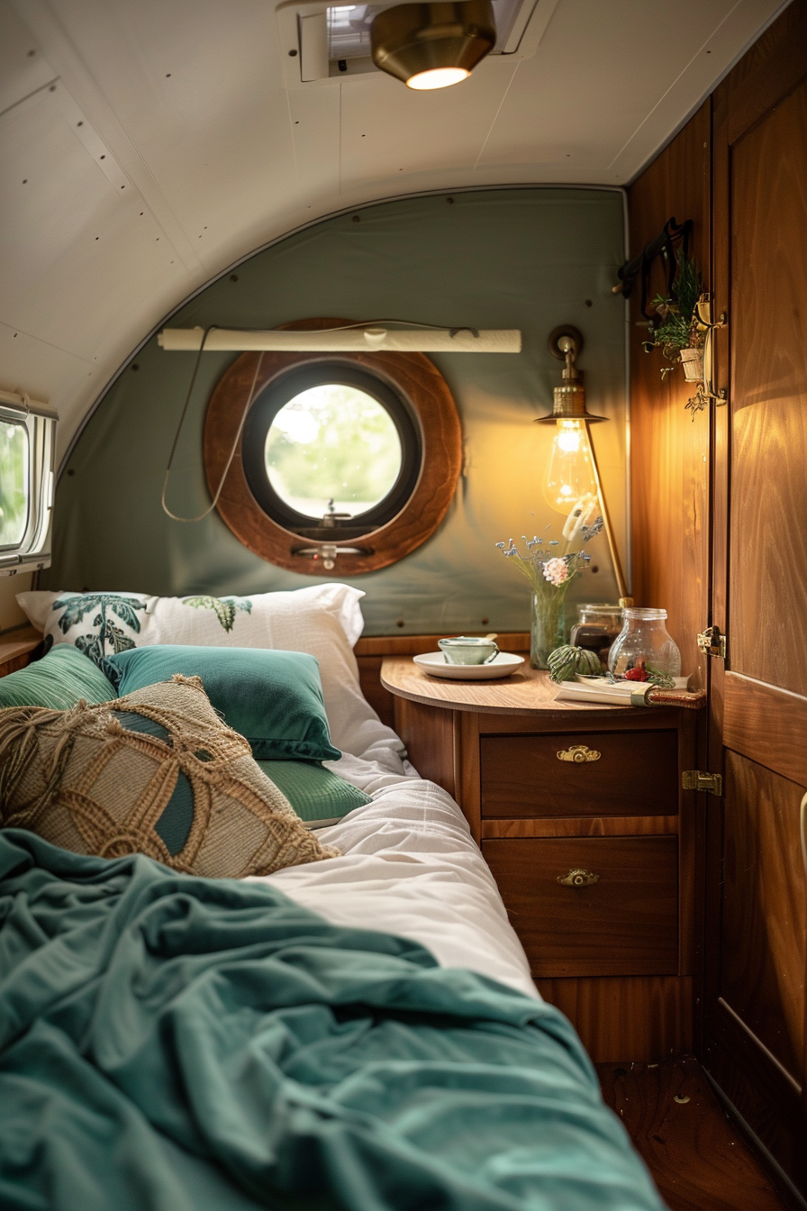 Small camper interior. Wooden cabinetry with brass handles, teal bedding on a bench bed, round window with woven grass roller blinds, white enamel dinnerware on a folding table.