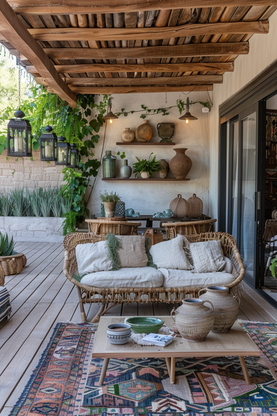 Boho design living room. Polished wood flooring adorned with a multi-colored Turkish rug, wicker furniture adorned with beige linen cushions, and a grass and plant wall installation composed of ferns, ivy, and moss, with antique lanterns perched on floating shelves. Accessories are ceramic pottery in earth tones arranged on a purposefully distressed coffee table.