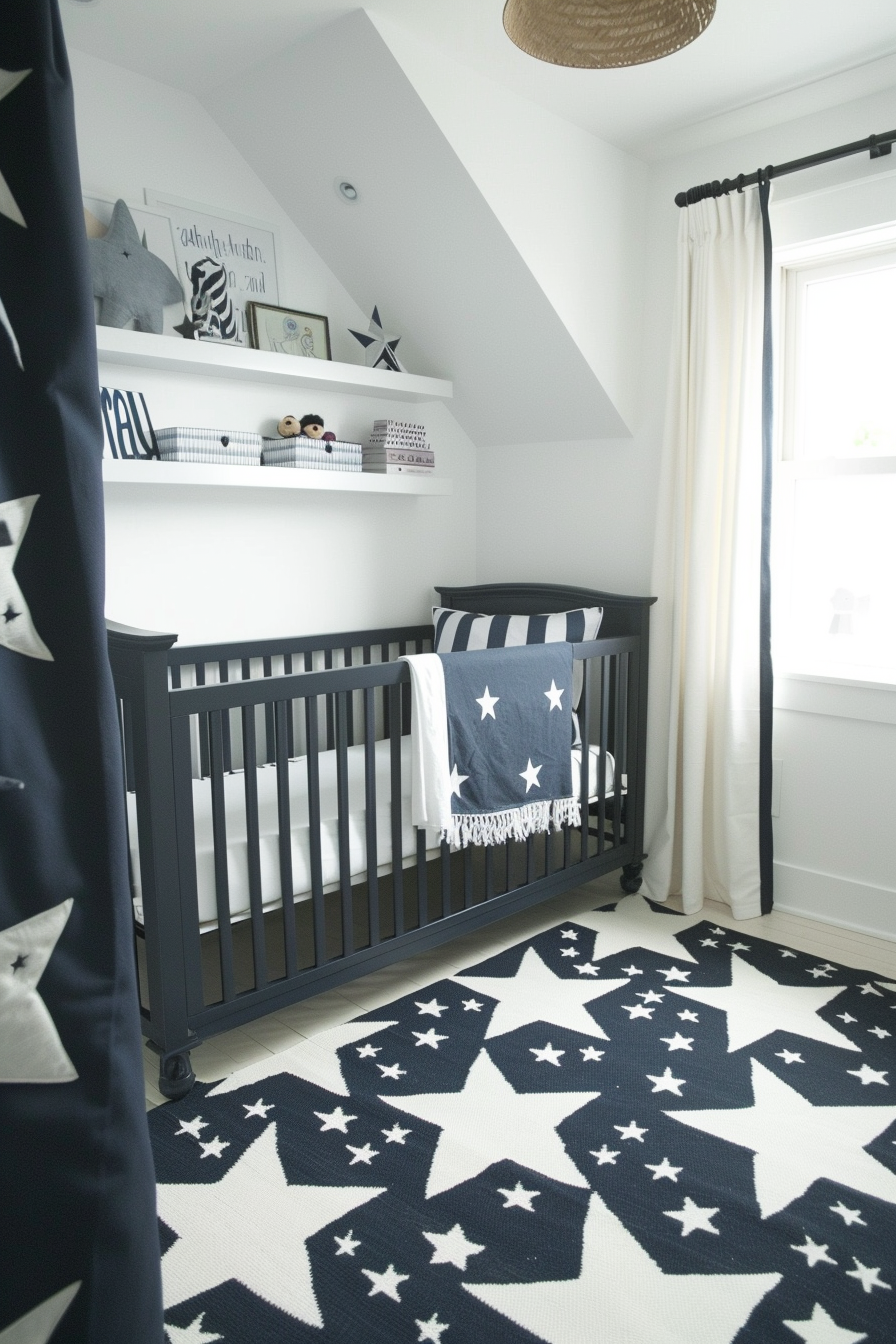 Modern baby boy nursery. Floating shelves, deep-blue crib, star patterned rug, white walls.