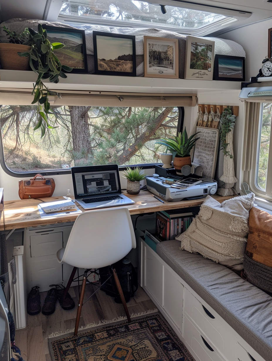 Interior of an RV for remote working and living. Retrofitted loft bed area with built-in desk and ergonomic office chair, alongside a corner section adorned with a small potted succulent and all-in-one printer, scanner, fax machine. Natural light pours in from the clear sunroof, casting a welcoming light onto the personalized workspace. The focal point is the top-end laptop with multiple connected devices, a sleek mobile phone beside it, indicating a high tech environment. Rear view shows a compact but modern kitchen space with chrome fittings, clean hanging pots and pans on metal racks, an efficient two-burner gas stove, and a locavore-inspired fridge magnet collection showcasing various farm markets. There's a transition period style wooden dining table in the center facing front cab, accentuated with white restored eater chairs with dual purpose, foldable canvas backs, thus utilizing the limited space. Earth tones swivel around the living practicality construed by a minimalist outlining scatter rugs, mallard green decorated sofa with cozy fleece throws, soft cushions and fitting convertible side-tables for in time meals beside entertainment: colored-vinyl player, stack of journal books, vintage leather travel trunks travelling as memory collecting coffee tabletops and favorited water-color wall-arts.