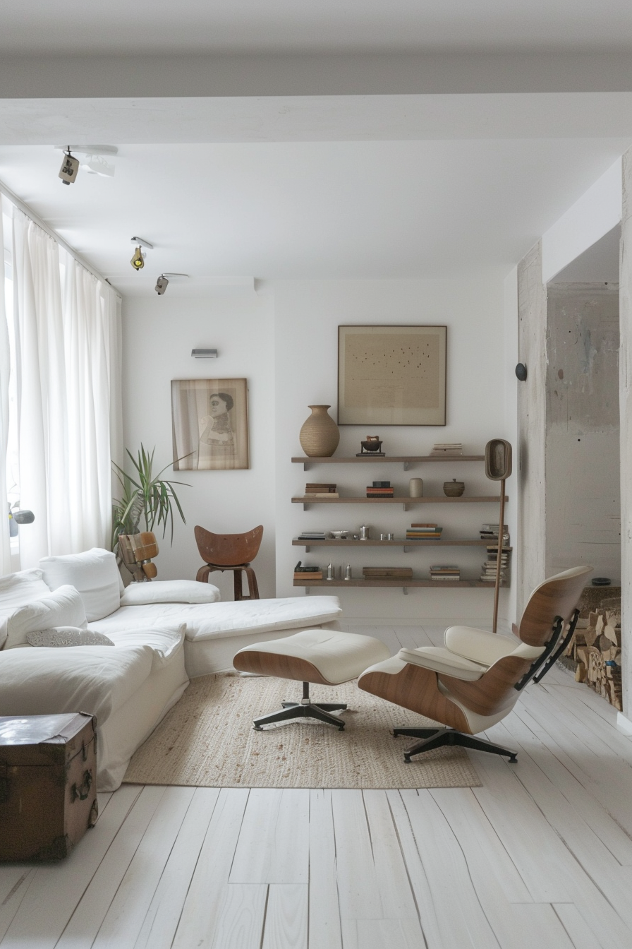 Minimalist apartment. A clutter-free space features white-washed walls, functional movable furniture and floating shelves