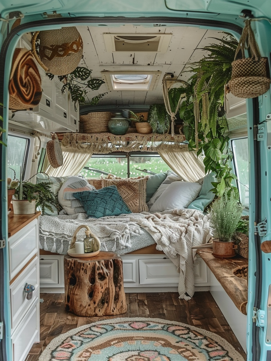 Boho designed camper with full view of the interior. Turquoise exterior paint with white-framed windows, swirly multi-colored throw rugs on cork flooring, draping macrame hanging planters with overflowing green plants, wide textured log slice as bedside table with fringed hanging lantern, cream and pastel-colored twisted cotton curtains as room separators, and foldable wooden furniture decorated with etched tribal designs.