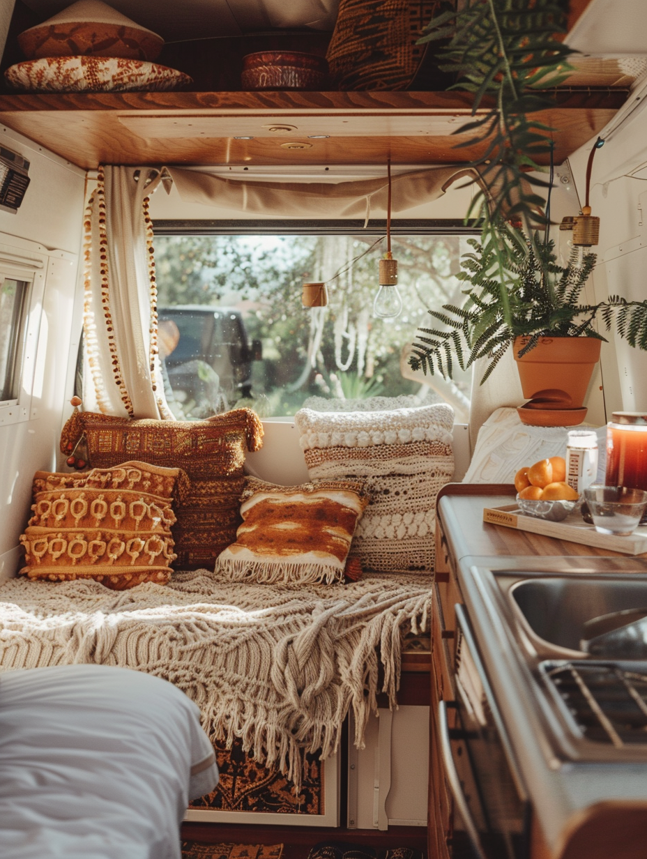 Boho-designed camper interior. Cream and brown macrame curtains, rust orange and sapphire throw pillows over winter white upholstery, hanging potted ferns, mini-refrigerator tucked under classic redwood countertop set beautifully with Moroccan ceramics and scented clementine candles. Adjacent to an accordion window revealing a sun-dappled wisteria avenue outside.