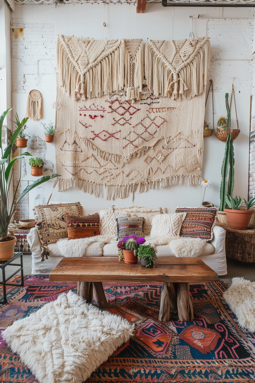 Boho designed living room. Unfinished hard wood center table, dried grass wall installation, leather macrame plant hangers holding varied pot plants, white shaggy rugs over tapestry kilim carpets, iron frame low seat accent chairs furnished with multicolored anthropomorphic pattern pillows.