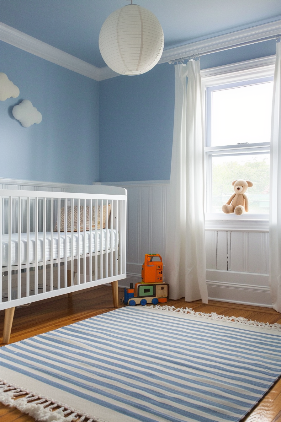 Modern baby boy nursery room. Sky blue walls, white minimalist crib, striped rug, wooden toys.