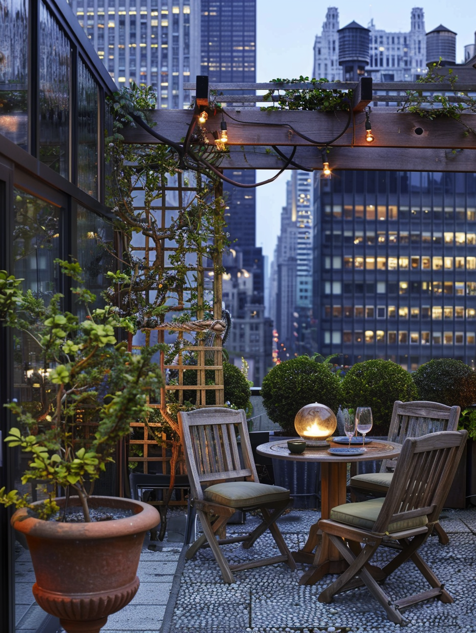 Small and beautiful urban rooftop. Wooden, radiant-orchid colored patio chairs breezily arranged under young olive tree, small al fresco dining table constructed out of repurposed antique ironwork, with the panoramic display of the bustling city's skyscrapers adding a burgeoning magnificent backdrop, set during cool early evening showing vibrant, glutted indigo sky delicately graduating into soft bluish hue mid frame. The lattice pergola shields large ceramic pots of perennial creeping thymes, releasing their luscious herbaceous scent when contact, combined serenely with the calming focus on tiny alfresco cork globe warmly surrounded by globe string lights softly hanging overhead. The unattended glass terrariums laid randomly adds chilling urban pebble garden feeling filled with pygmy pepper plants and mosses. Living wrought iron wall on the back laden with english ivies complements the astonishing carbon erratic slate floor whole percipient view.