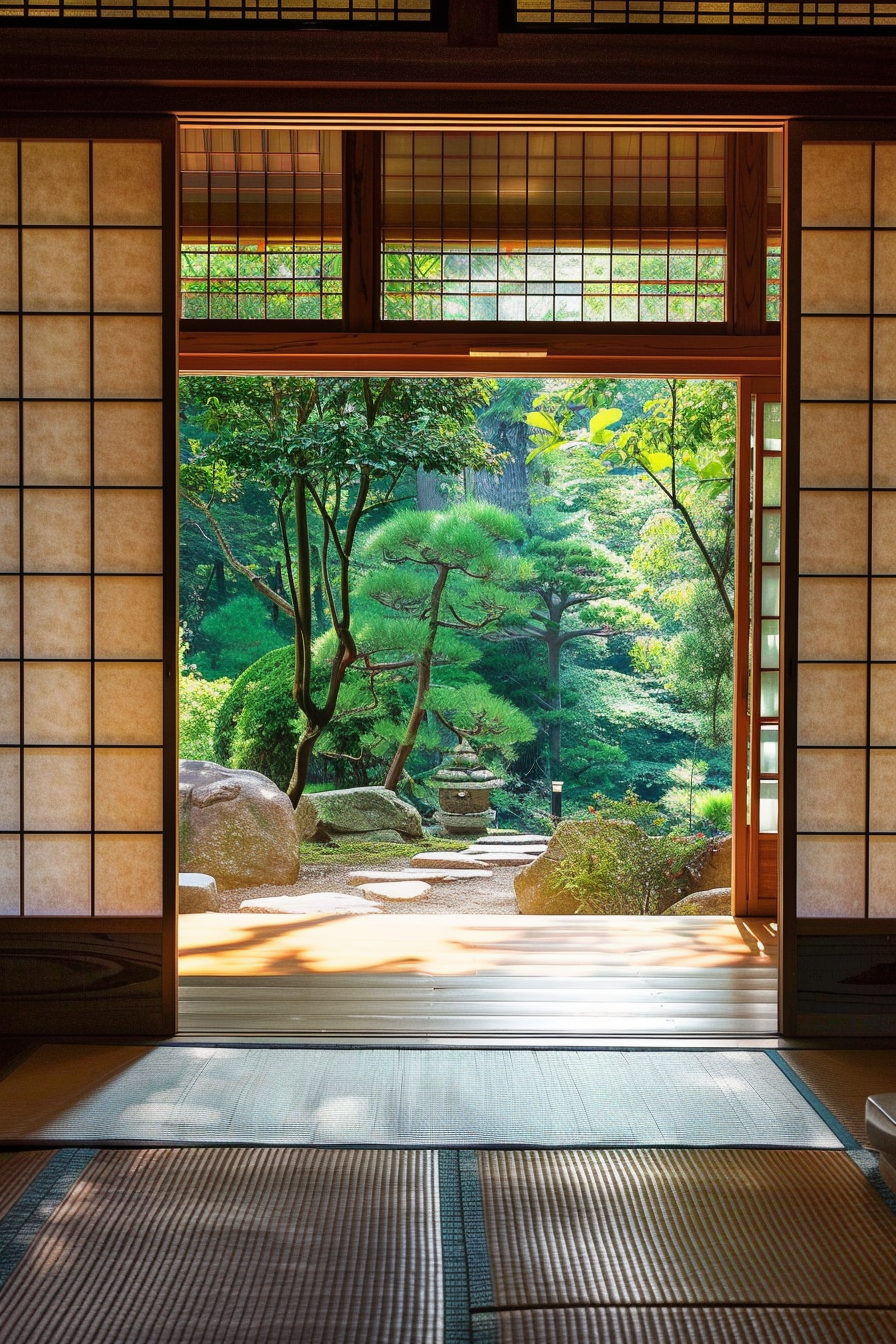 Japanese tiny house interior. Minimalist decor with sliding shoji doors.