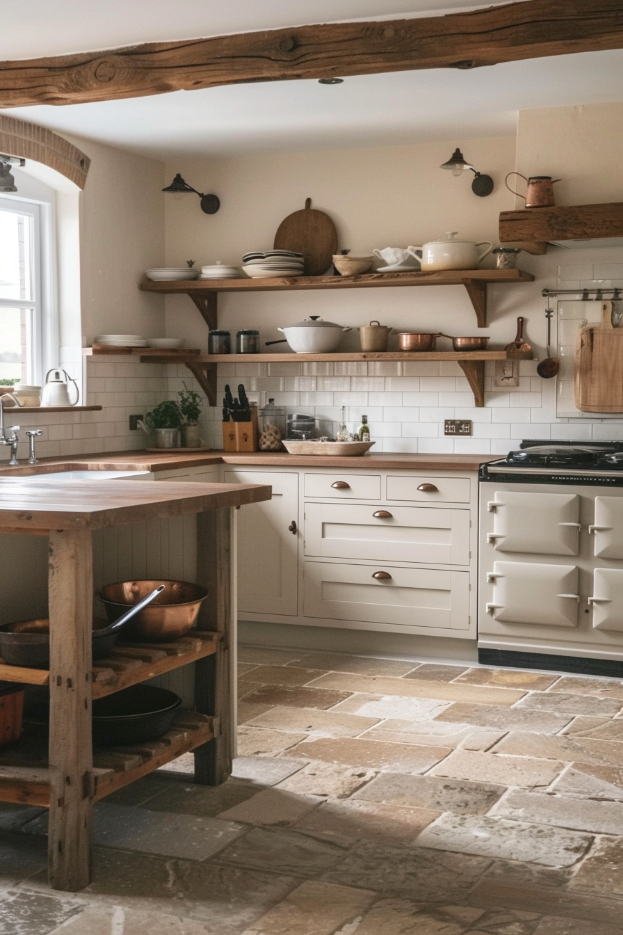 Farmhouse kitchen. Cream colored cabinets, reclaimed wood island, white subway tiles for the backsplash, stone flooring, and floating wooden shelves displaying rustic ovenware pots and pans.