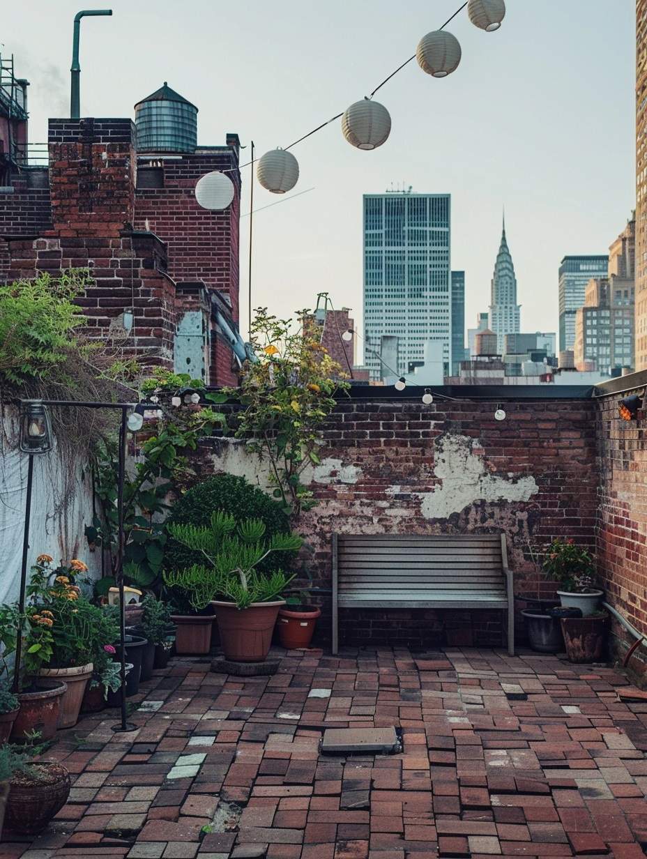 Urban rooftop. Bare brick surface adorned with potted green shrubs, a small wooden garden bench, white lanterns hung loosely around the perimeter, nested under a dawning cloudless sky.