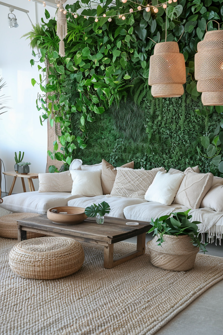 Boho designed living room. Large soft-textured neutral toned rug, chunky wooden furniture, haphazardly arranged green-centric grass and plants wall installation, warm earthy hues of cushions and round clustered rattan pendant lights.