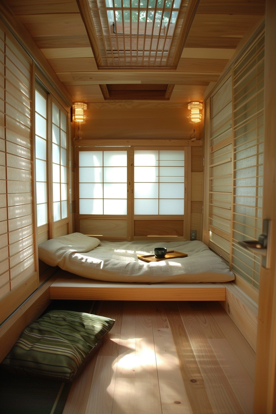 Interior Japanese tiny house. Wood paneling, futon with green tea set and shoji screens.