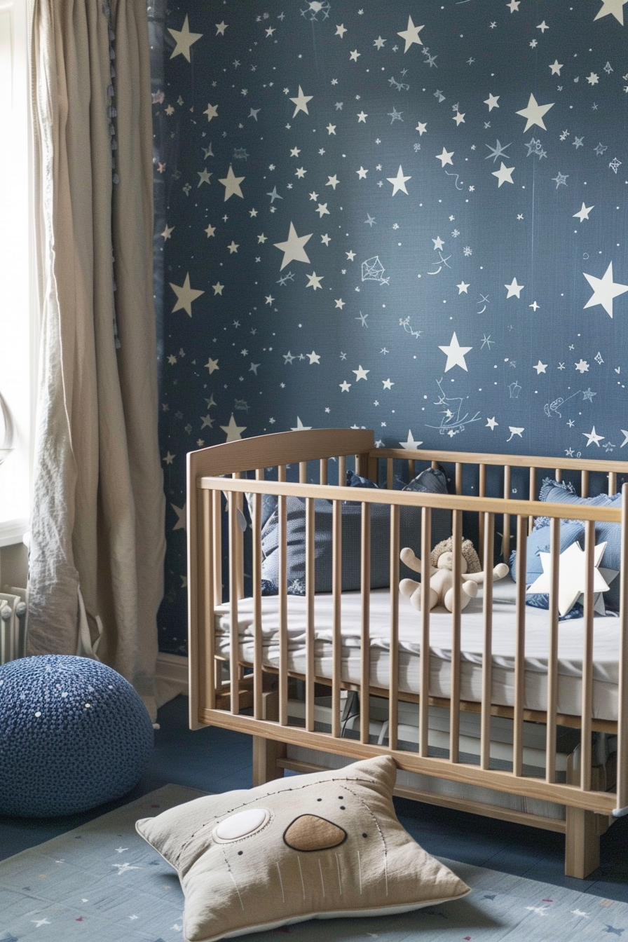 Modern interior of a baby boy nursery room. star-themed wallpaper and oakwood crib.