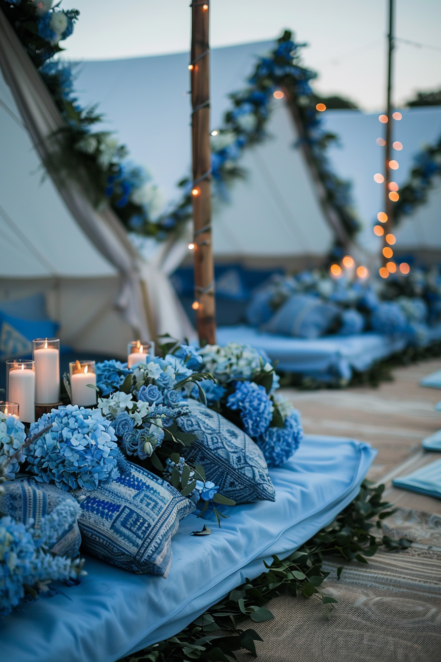 Blue themed glamping. Cornflower blue tents adorned with garlands of monochromatic blue hydrangeas, bouquets of indigo and powder blue delphinium dispersed throughout the area, tiffany blue cushions scattered semi-circularly around a skyline blue flower-festooned circle of vanilla bean candles casting a calming soft light.