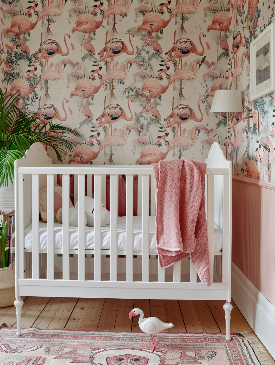 Modern Pink Nursery. White crib against a wall with flamingo-patterned wallpaper.