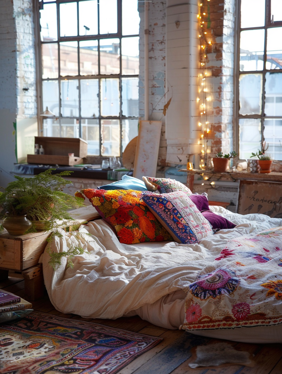 Loft bedroom interior, boho chic style. Fluffy white rug, artistically draped across a worn wooden floor, comforting, queen-sized bed covered in mismatch patterns of vibrant throw pillows backed against a large factory window letting in copious daylight, adorning a simple string light that seems to twinkle in the natural shine, with the distant view of an open airy kitchen holding substantial prominence.