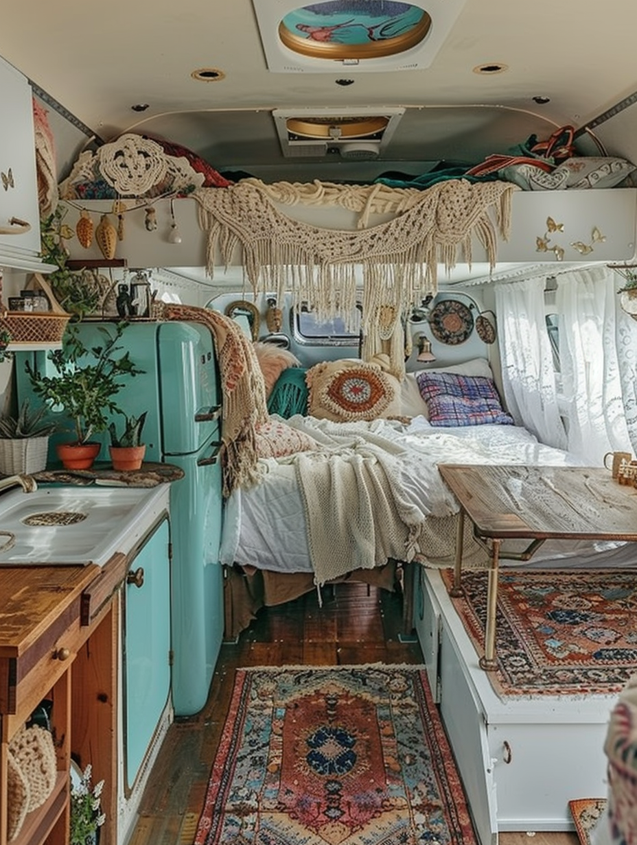 Boho designed camper interior. A lofted queen-sized bed with cream-colored macramé canopy, Persian area rugs on distressed hardwood floor, reclaimed wood desk beneath a porthole window, a turquoise 1950s style fridge in a kitchen with rose gold utensils, a shower stall with goldfish mosaic tile lower half and sheer white curtains upper half, floor plants scattered in terracotta pots.