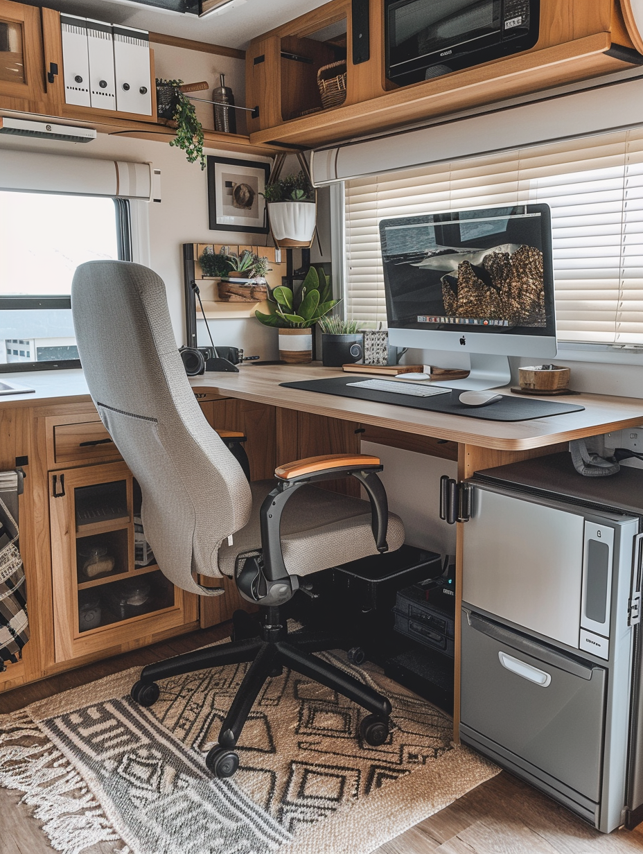 Interior of an RV for remote working and living. Large adjustable office desk in light oak wood installed at a corner, grey ergonomic chair with lumbar support, built-in floating shelves on the adjacent wall holding office supplies, wall-mounted monitor next to a narrow window with roll-down cream blinds providing natural light during the day, a compact but fully equipped kitchenette in the background with a small fridge, a microwave oven and a two burner stove, a redecorated loft bed seen partly providing storage space underneath it, the opposite side showcasing a DIY wall-mounted fold-down small dining table allowing two person seating, minimalistic floor mats in subtle shades of earth tones, a retractable freight gate seen being used as an extended patio, potted foliage plants in various corners contributing fresh air.