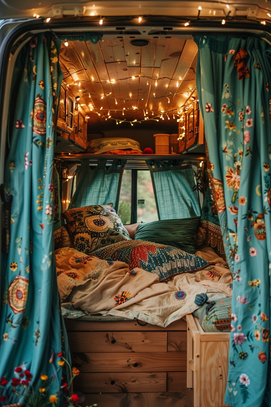 Boho Camper Sprinter Van. Turquoise curtains with floral designs paired with twinkle lights.