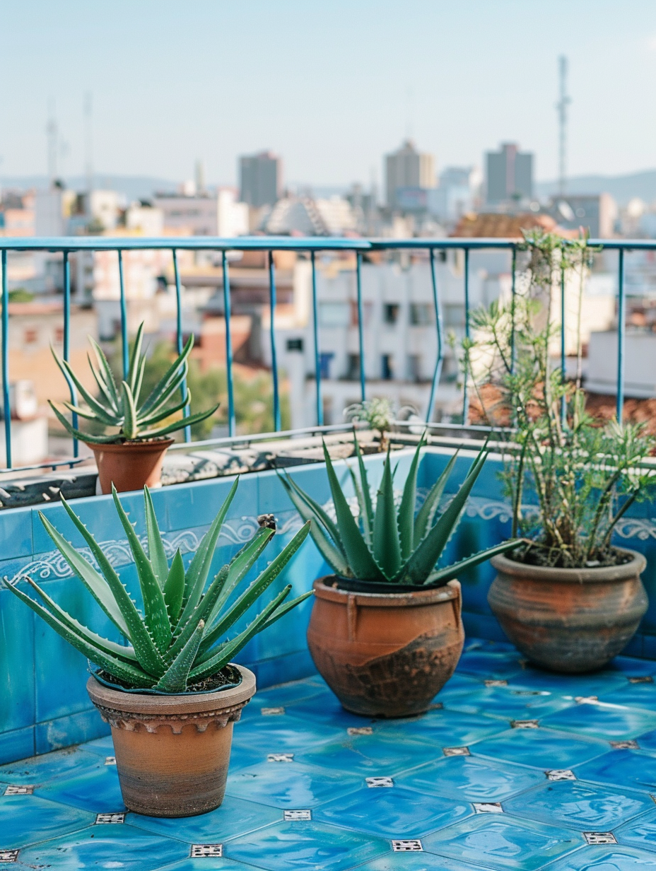 Urban rooftop. Potted aloe vera plants on blue ceramic tile flooring with white city backdrop.