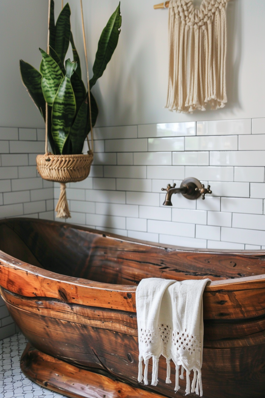 Boho bathroom. a teak wood bathtub with dangling macrame planter holding a snake plant.