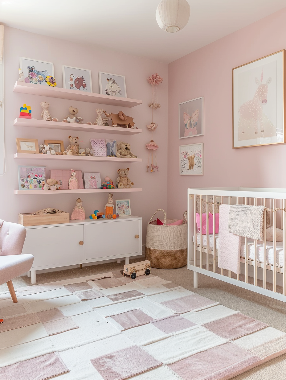 Modern pink nursery. Rose-hued walls, white square pattern rug, floating wooden shelves filled with plush toys.