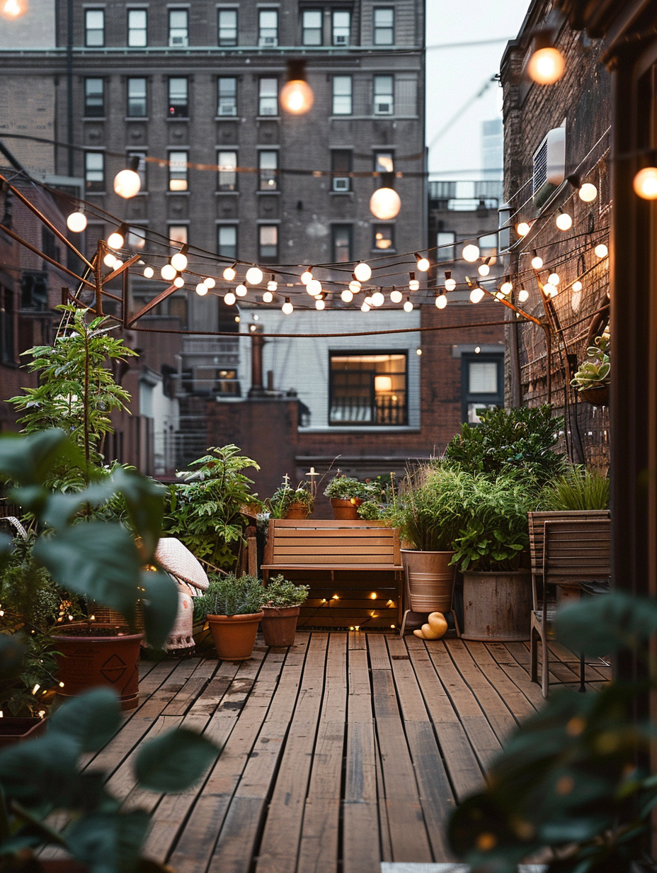 Small, beautiful urban rooftop. Shimmering string lights hanging above a wooden deck dotted with green leafy potted plants.