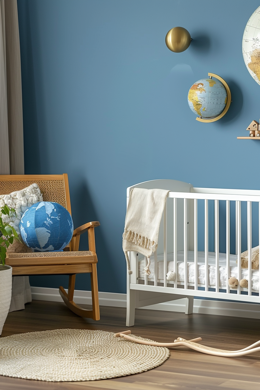 Modern baby boy nursery interior. Blue walls, white crib, beige rocking chair, globe-themed decor.