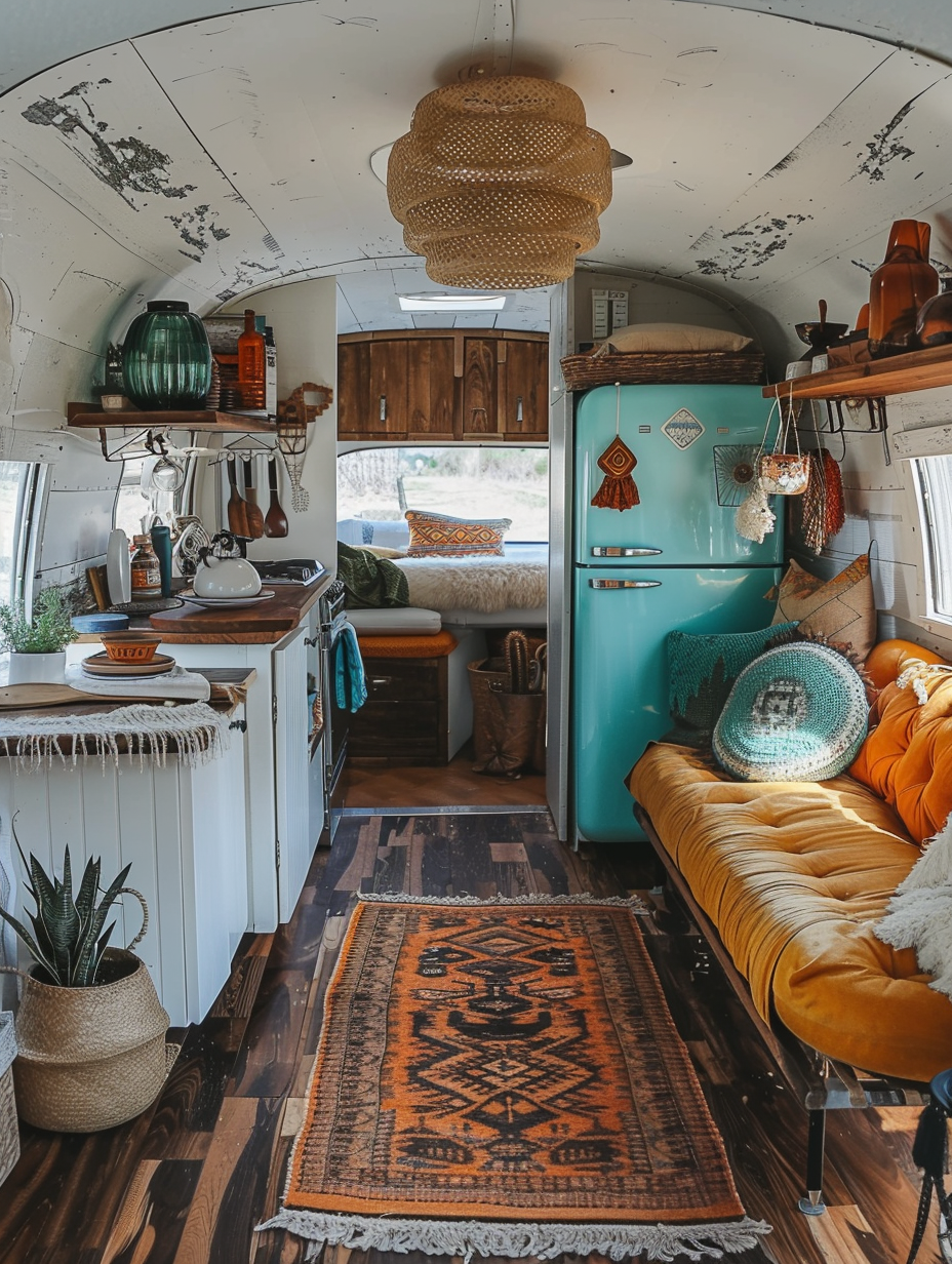 Boho Designed Camper. Hemp rug, driftwood coffee table, Moroccan inspired cushions in ochre and turquoise against distressed white wood paneling. An open floor plan showcasing a saffron yellow canvas atomic age cocktail chair with amber glass lanterns hanging from macrame plant holders near a pocket kitchen with robin egg blue retro fridge.