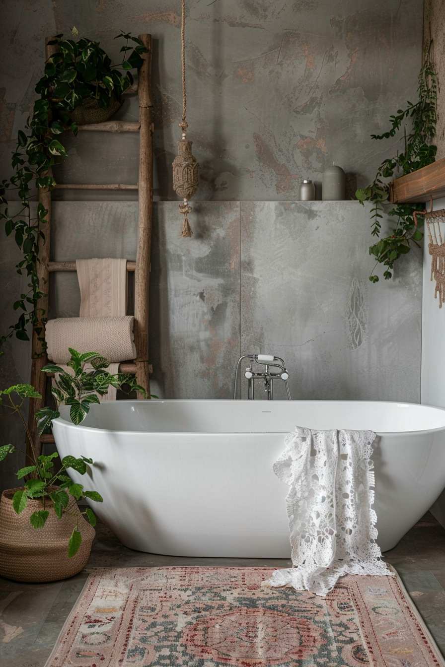 Earthy Boho bathroom. Freestanding oval bathtub next to rustic wooden ladder adorned with cotton lace towels.