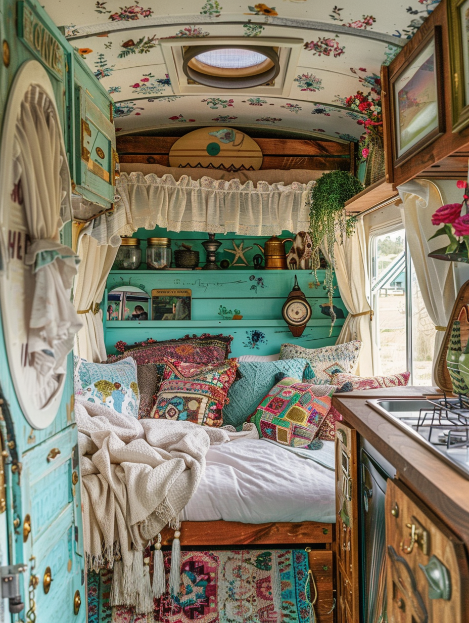 Boho camper interior. Cream textile drapery and patterned throw pillows on cot bed. Base stained wood wall panels and polished brass doorknobs detailed prominently on multiple vibrant turquoise paint overlapping cupboard doors to rear end. Mosaic decorated back splash by single stove with lid, cabinet sink, and characterized wicker baskets and vintage lantern with faux blue hydrangea bouquet on overhead shelf on side. Beside privacy screen with hanging green terrariums towards open curtained front window illuminated by twinkling battery run lights canopied across a beige ceiling. Visible steering wheel end opposite under improvised flower printed retractable shade. Mounted analog clock, carved wood wall decoration with identified carved pine butte nearby to a constructed second bed at knock up vintage lipstick wall revealing elements of green tinted side windows. Golden luxury designed compact fridge resting under dark walnut mounted folding countertop. With multicolor area rug over deprived laminate flooring. Finally adorned with hanging potted foliage towards kinds of vibrant lithographies on narrower wipe down wall sections revealing metal sections below. Outside bright blue sky and large beach surface cropping. Wheel has holder for modular red surfboard staking it on teal dyed flexible casing with identified license near modified underside for central ply covered wheel support matching slender_text quit wooden sidings divided by picture adorned margins.