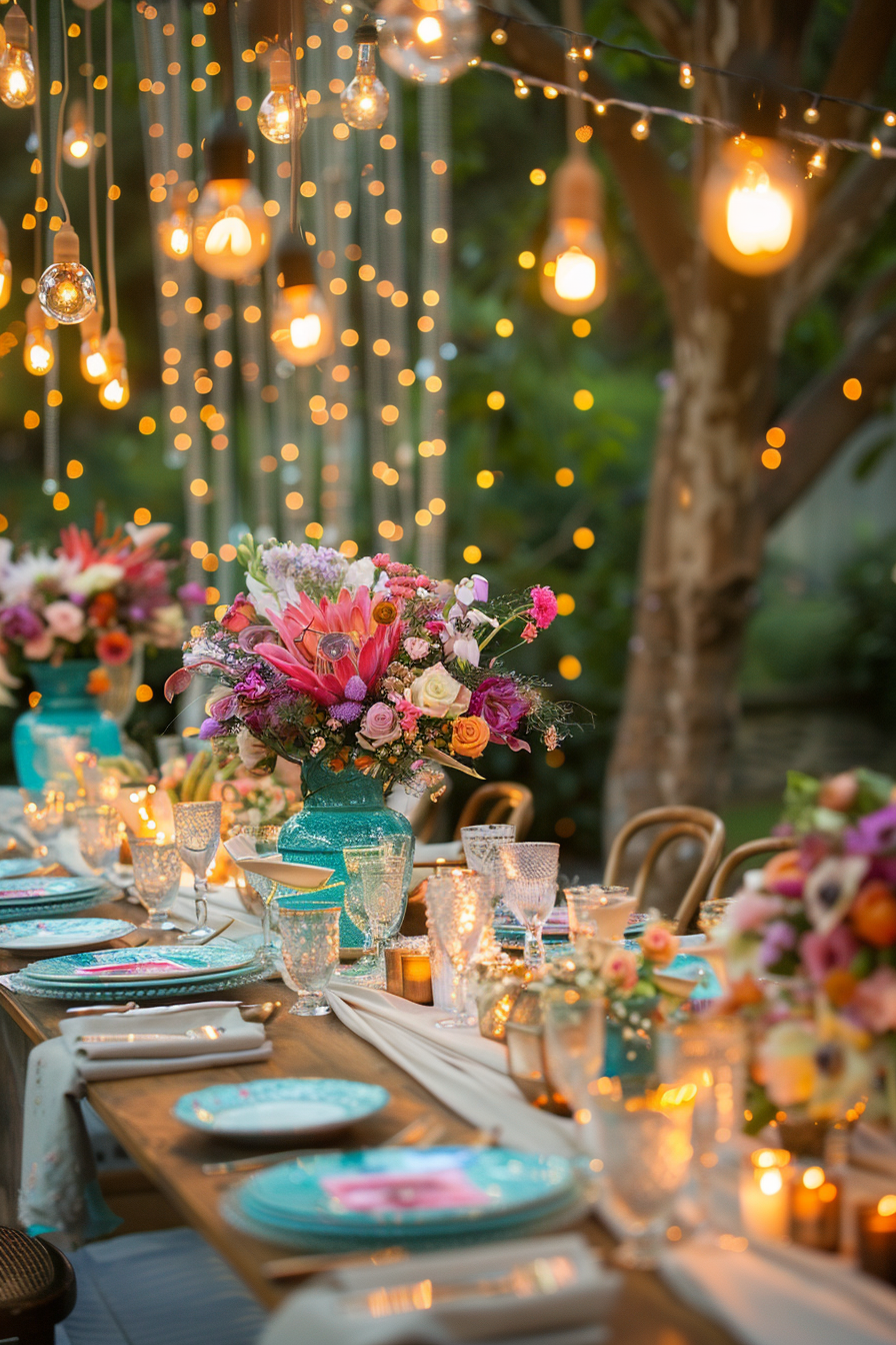 Backyard Dinner Party Table decor. A long wooden table draped with a soft white linen tablecloth, elegant crystal glasses, porcelain plates dotted with delicate floral patterns, a centerpiece of tastefully arranged exotic flowers in a turquoise colored ceramic vase, sporadic pastel-hued table candles bring the soft glow under the evening dim. Clear fairy string lights are looping overhead softly illuminating the area.