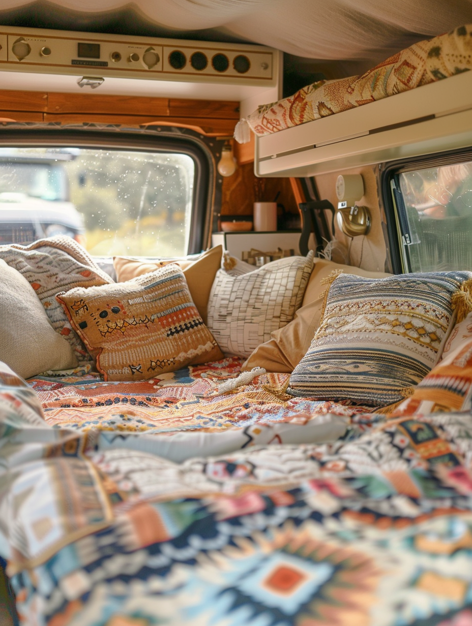 Interior view of camper. Boho design using pastel shades and Aztec-patterned upholstery.