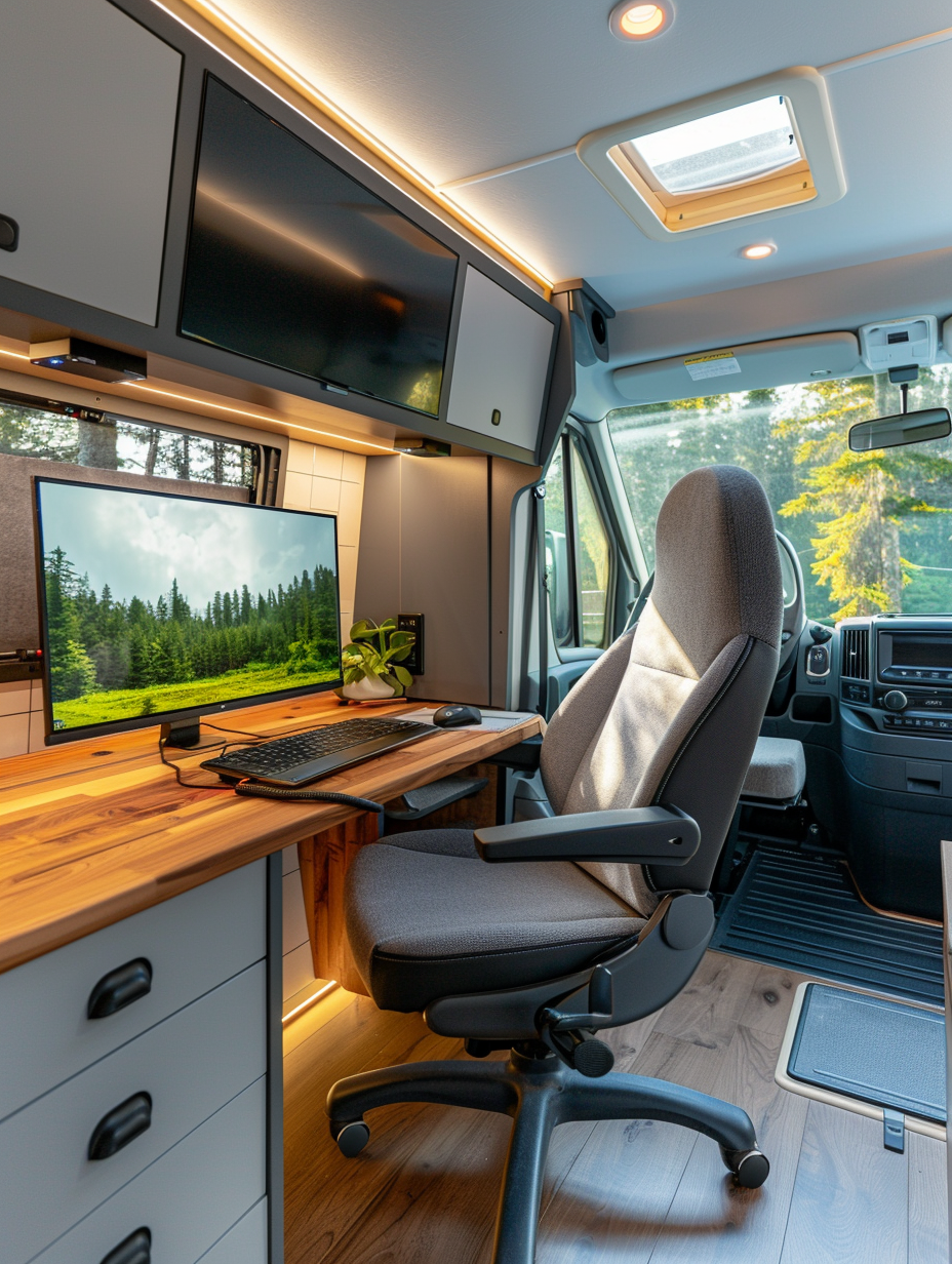 Interior of an RV. AMOLED monitor mounted on the wall by the multi-functional desk space, compact ergonomic wheeled chair nearby, lying against galley kitchen hardware with matte-gray utility drawers beneath laminated walnut countertop.