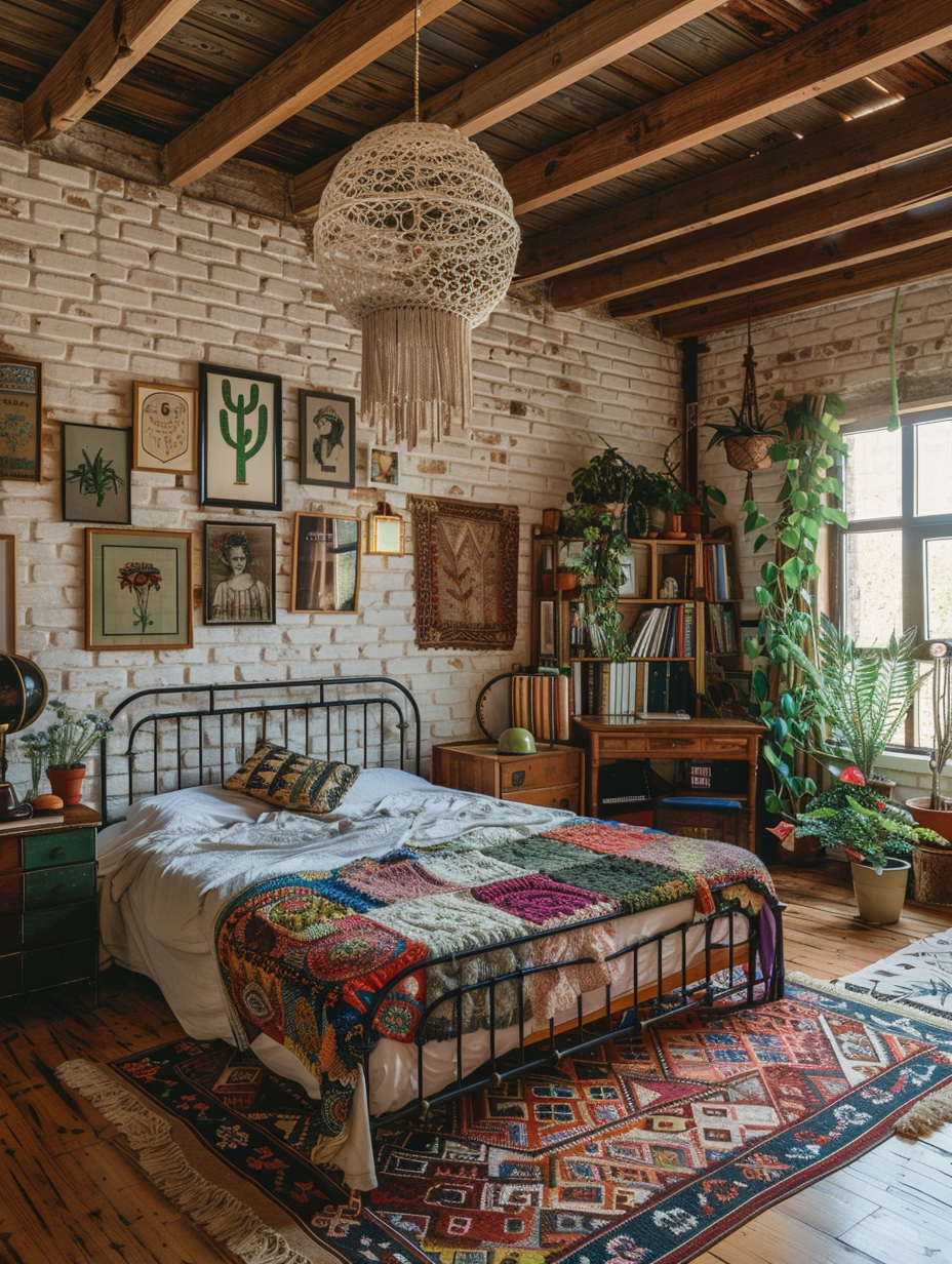 Loft bedroom interior, boho chic style. Exposed rustic wooden beams on ceiling, potted green plants, white macramé wall hanging above wrought iron queen size bed with colorful bohemian patchwork quilt. Across room, cream white brick walls adorned with second hand framed black and white photos, placed above vintage wooden writing desk lined with books and under a large, spherical woven bamboo pendant light. Wooden floors covered with Persian rugs in warm shades sidled by tall open glazed metal shelves full of framed photographs and succulents. Near by, large windows without coverings let in delicate evening sunlight.