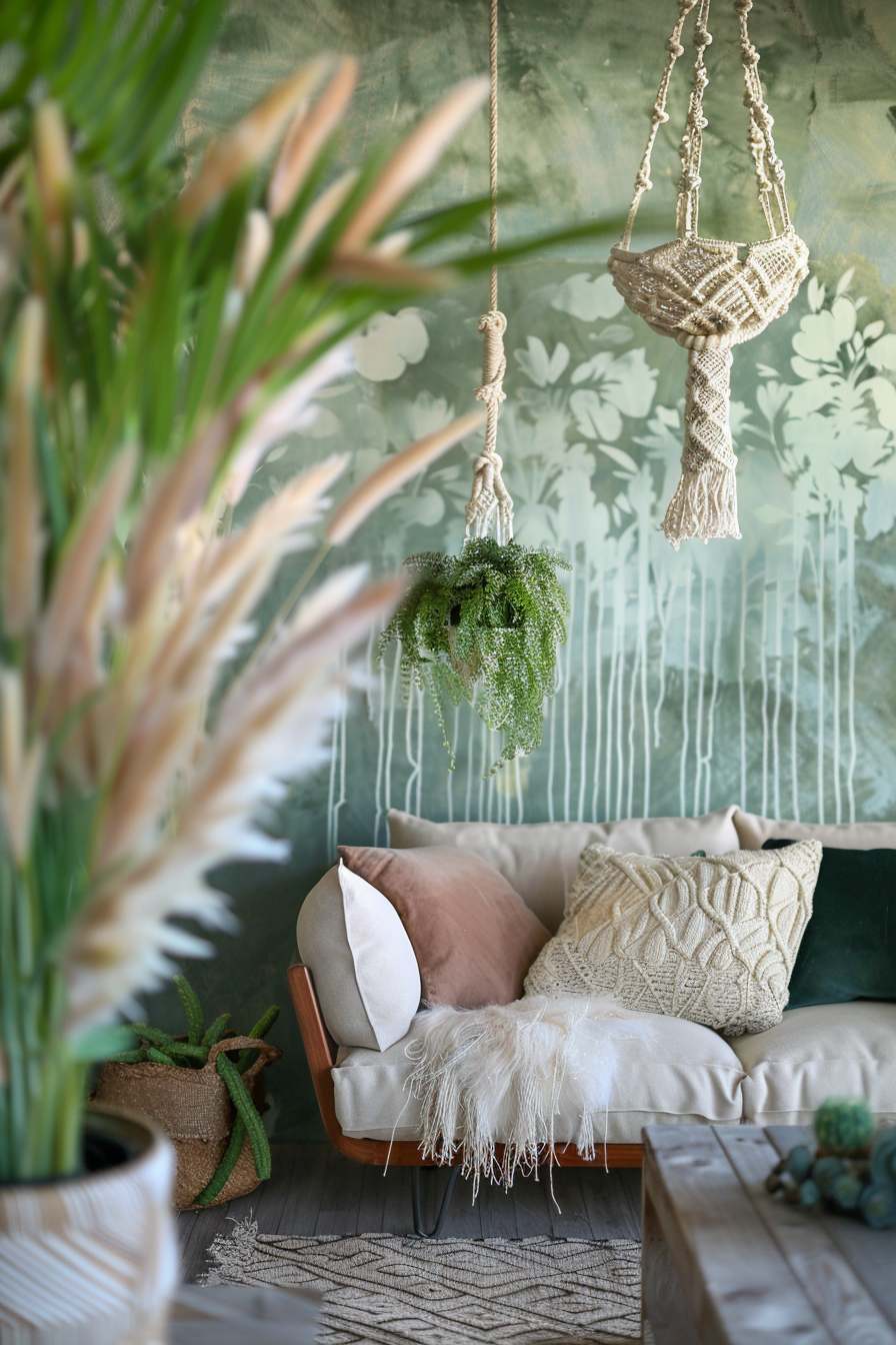 Living room design. Boho style incorporating a hanging macrame plant holder with ferns against a sage wall adorned with artificial wild grasses.