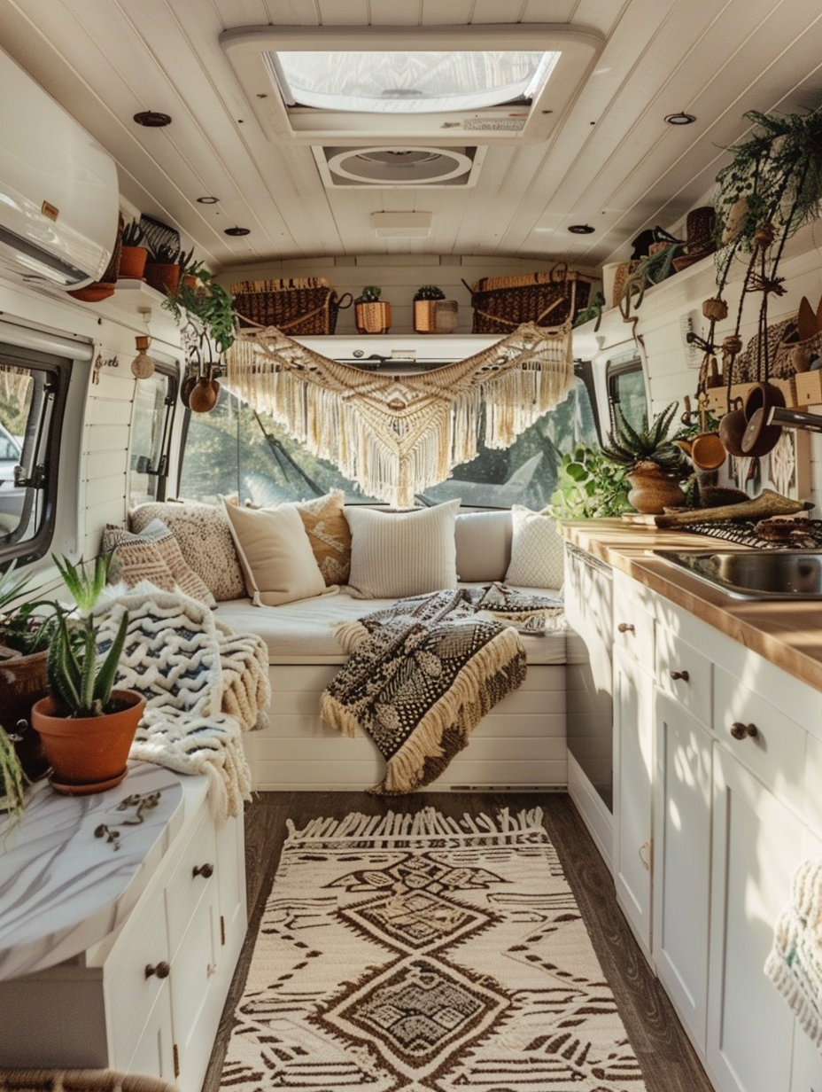 Interior view of a boho camper design. Whites and pastels color palette, Aztec pattern rug, macrame wall hangings, and succulents in terracotta pots.