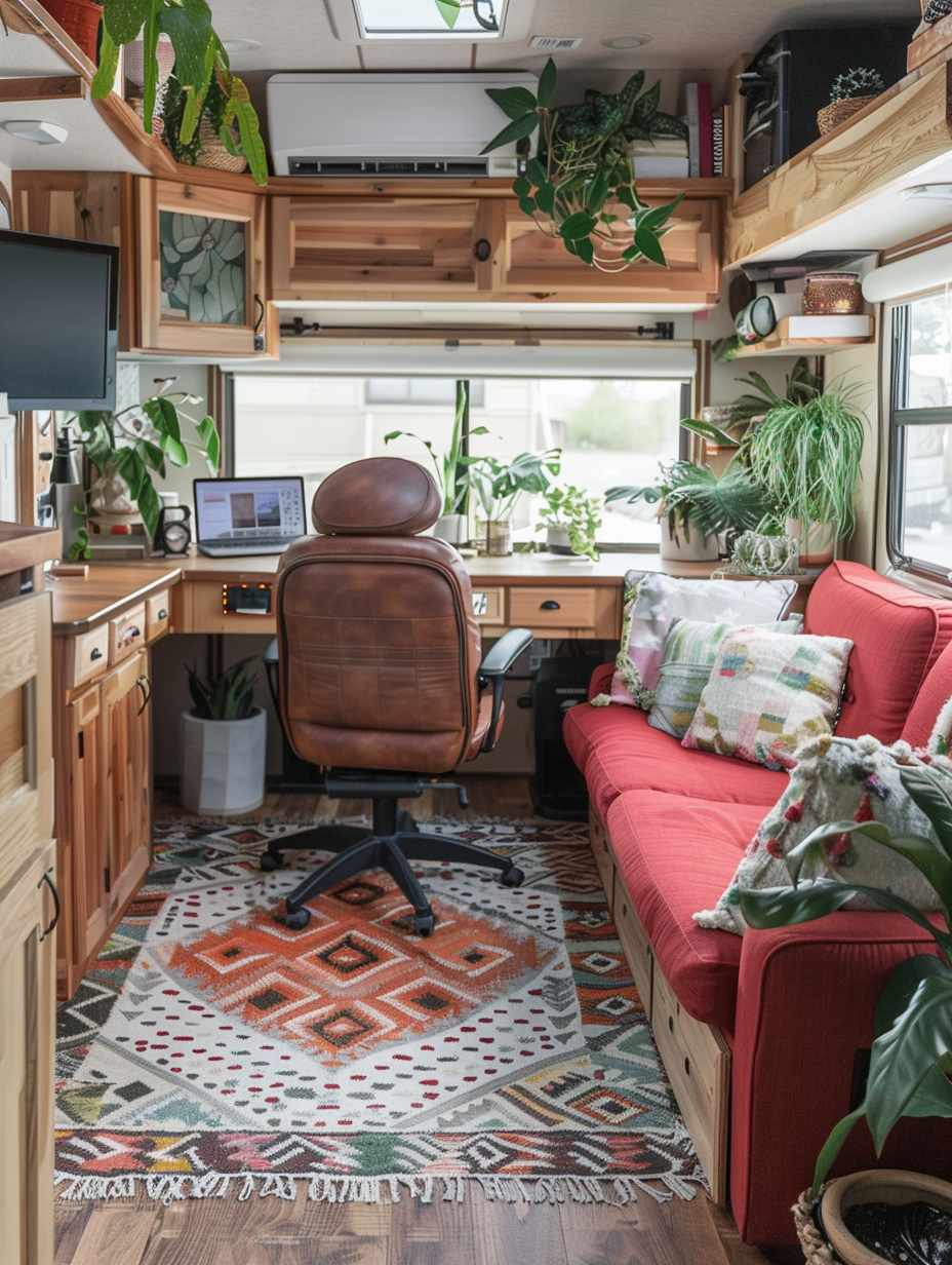 Interior of an RV. Built-in wooden desk with swivel office chair, geometric rug on the floor, red couch with white dot pattern, potted plants on windowsill.