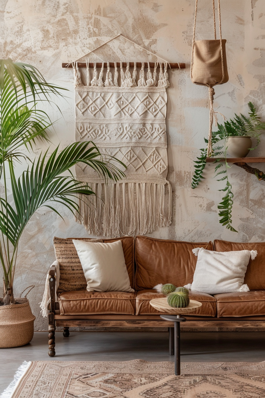 Living room design. Bohemian touches such as tan macramé wall hangings, a vintage washed-out rug, rattan furniture pieces. Green element added with large palm tree in artisanal clay pot beside taupe-colored vegan leather couch and ceramic wall-mounted planters with cascading vine plants. Grass wall installation in golden hued frame hanging over a rustic wooden console table.