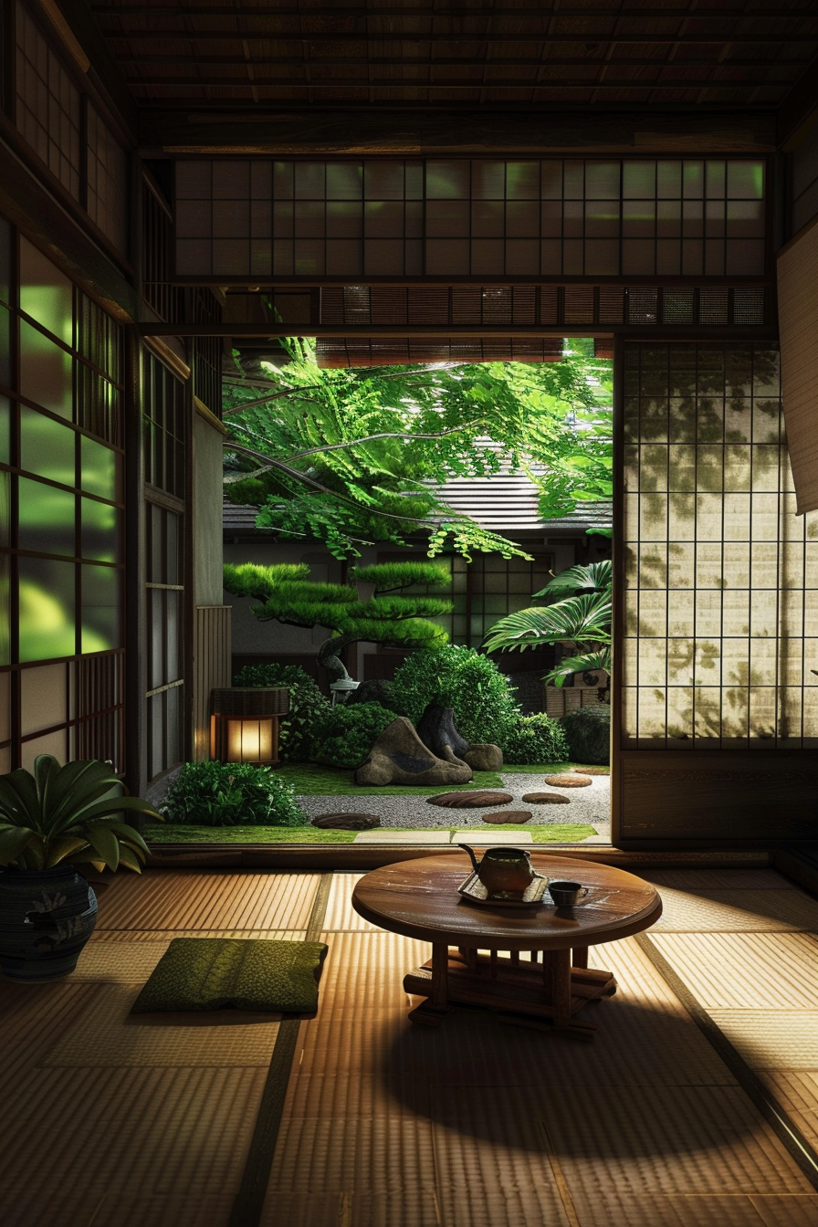 Interior view. Japanese tiny house with tatami mats and low table.