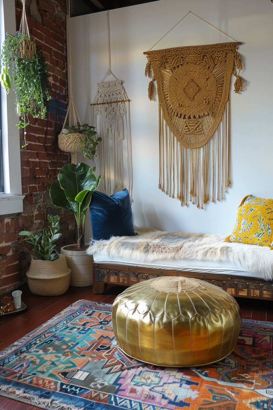 Boho designed living room. Gold ottoman paired with Aztec printed rug, macrame wall hangings and a vibrant grass and plant wall installation.