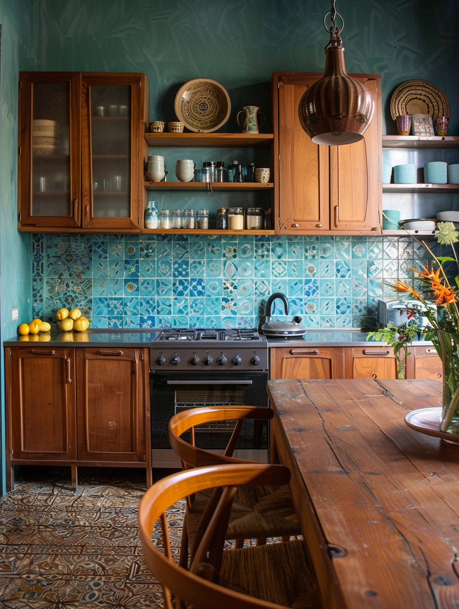 Boho kitchen. Vintage wooden cabinets with azure Moroccan wall tiles.