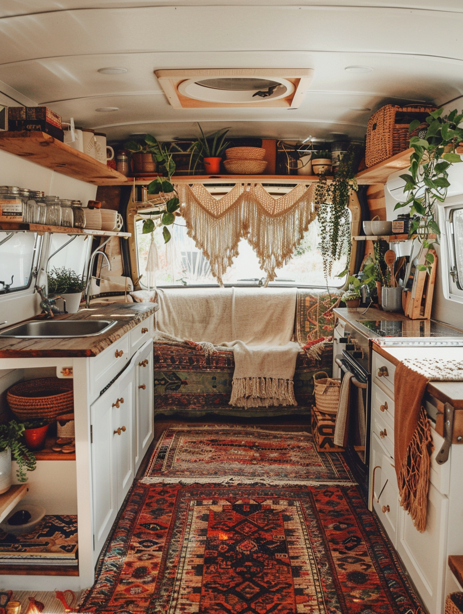 Boho designed camper. Saturated Persian carpet, off-white macrame wall hanging, raw wood open shelving.