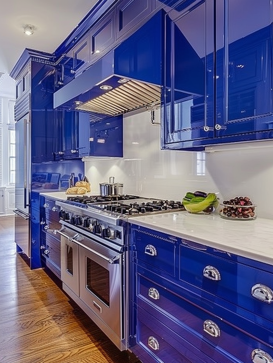 Kitchen. Royal blue cabinets with white quartz countertops and stainless steel appliances.