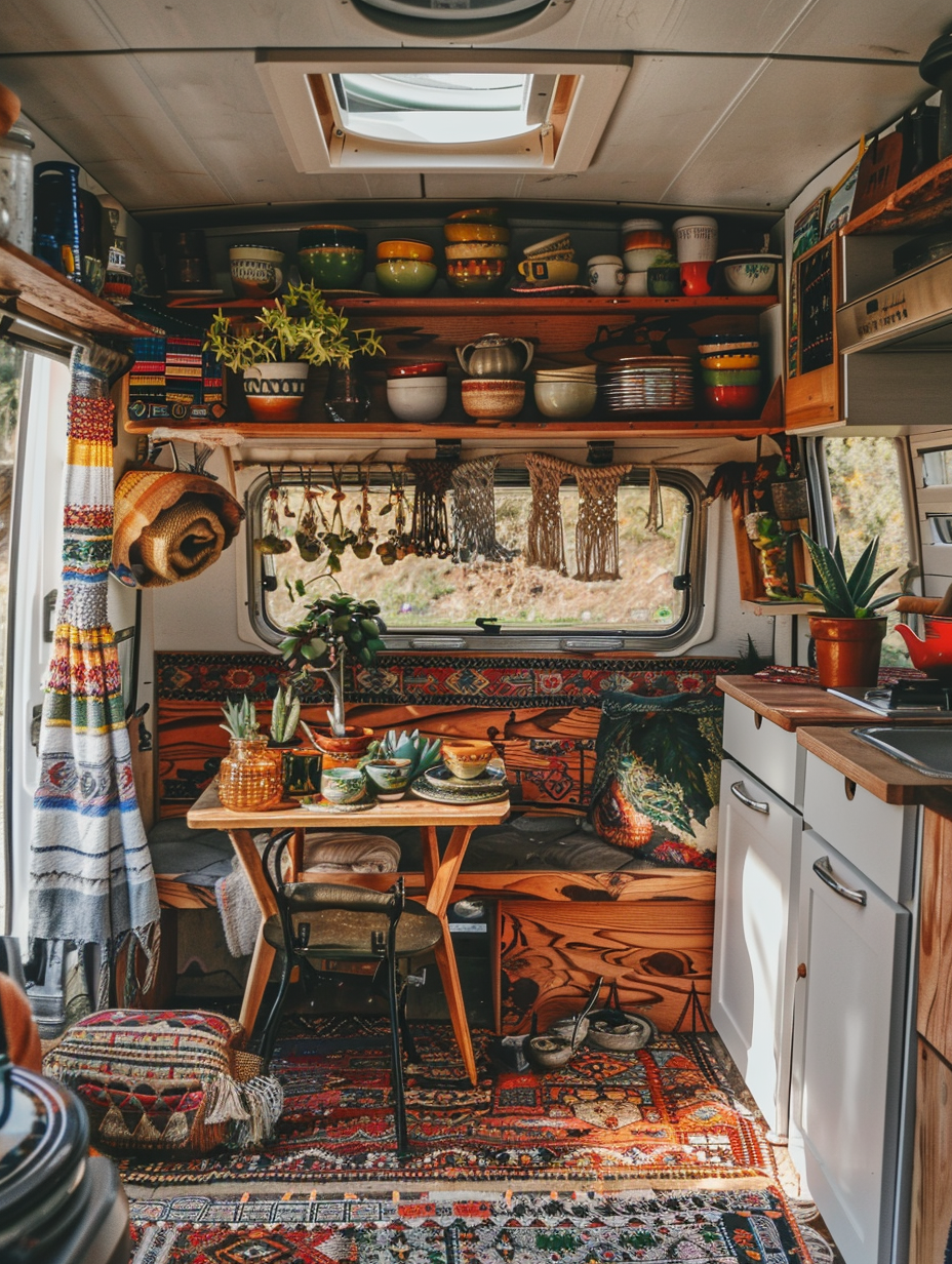 Boho designed camper. Handwoven macrame wall hanging beside exposed wooden shelving showcasing colorful mismatched ceramic dishware, while a Persian rug rests on distressed plank flooring under the cozy dining area with a birchwood table, and potted succulents cozying in the sun through the vintage fabric curtained window.