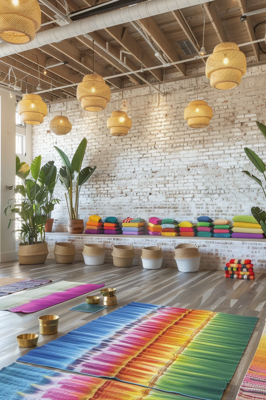 Yoga studio. Exposed brick walls, a large assortment of bright, multicolored yoga mats, ornamental rattan baskets in the corners filled with yoga blocks, brass singing bowls lined up on a reclaimed wooden shelf, verdant indoor plants like monstera and snake plant freely arranged around the room, wicker pendants casting soft yellow light from white painted industrial ceiling and a spacious corner filled with tidy stacks of tie-dyed bolster pillows.